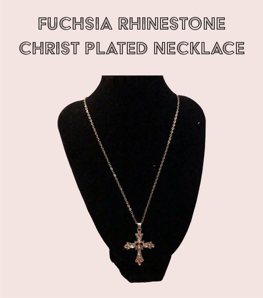 FUCHSIA RHINESTONE CHRIST PLATED NECKLACE